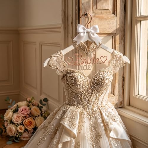 White Wooden Bride Wedding Dress Hanger, Gold Wire Lettering