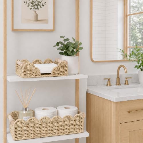 2 Pack Scalloped Paper Rope Toilet Paper Baskets with Wood Handles