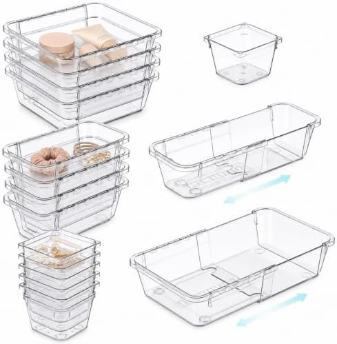 14 Pcs Adjustable Drawer Organizer, Expandable Clear Drawer Organizer