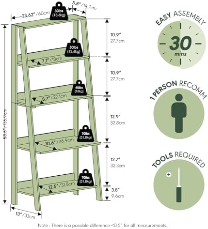Furinno Ladder Bookcase Display Shelf, 5-Tier, French Oak