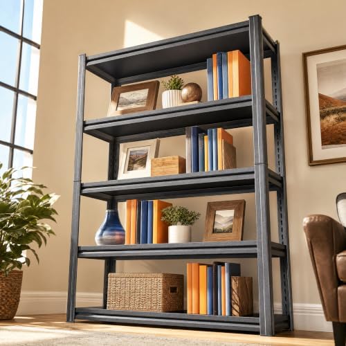 5 Tier Bookshelf Black Metal Book Shelf, Industrial Shelving Unit Storage Rack for Living Room Bedroom Office Kitchen, H