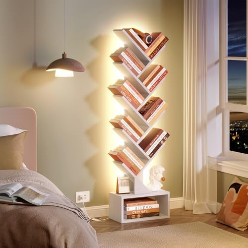 Hoctieon 9 Tier Tree Bookshelf, Tall Bookcase, Freestanding Book Shelf with LED Lights, Display Floor Standing Storage S