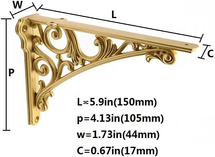 Decorative Shelf Bracket 6 inch, Gold Decorative Brackets for Shelving, Heavy Duty Vintage, DIY Projects, Hardware Inclu