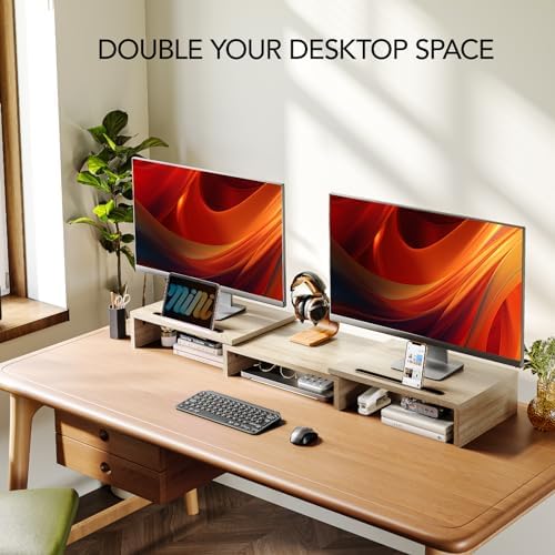 AMERIERGO Dual Monitor Stand Riser- 3 Shelf Screen Stand with Adjustable Length and Angle, 2 Extra Functional Slot Deskt