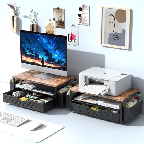 Spacrea Computer Monitor Stand with Drawer and 2 Pen Holders, Wood