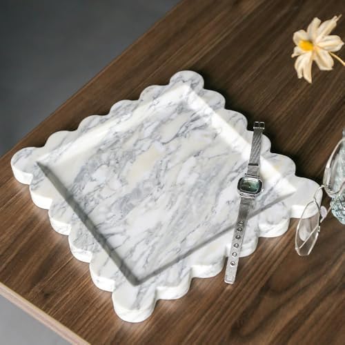 Natural Marble Tray, Scalloped Edge Vanity Organizer for Home Decor