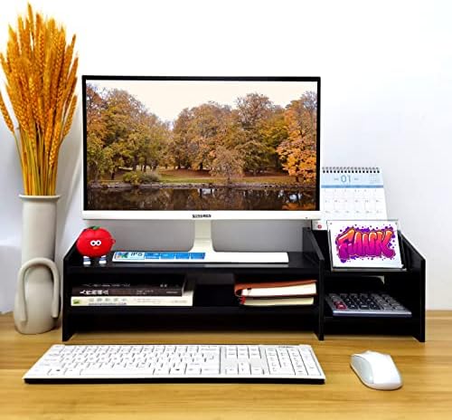 Computer Monitor Riser, 2 Tier Wooden Stand With Two Layer Storage Rack, Black Desktop Organizer for PC/Laptop, Home & O