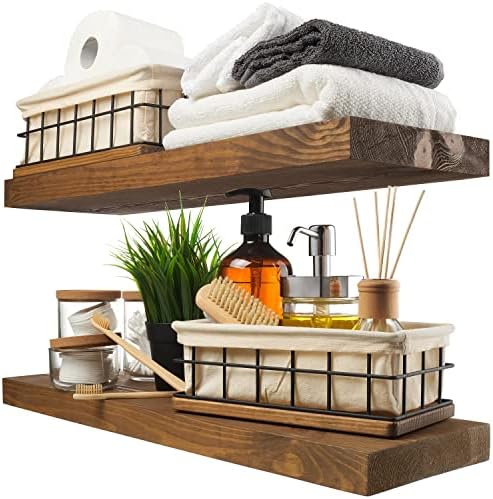 Solid Wood Floating Shelves for Wall 24 Inch Walnut, Wooden Bathroom Shelf