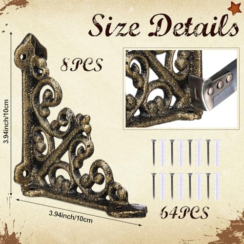 Blulu 8 Pcs Decorative Cast Iron Shelf Bracket L Vintage Bracket, Brass