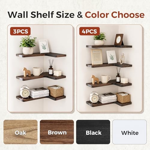 Solid Wood Corner Floating Shelves, L-Shaped, Brown, Set of 3
