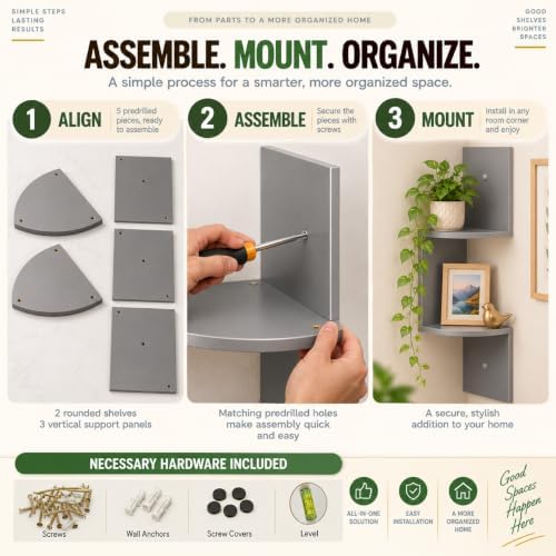 Greenco 2-Tier Corner Shelves, Gray Finish | Floating Wall-Mounted Home Decor Set | Corner Wall Shelf | Living Room, Bed