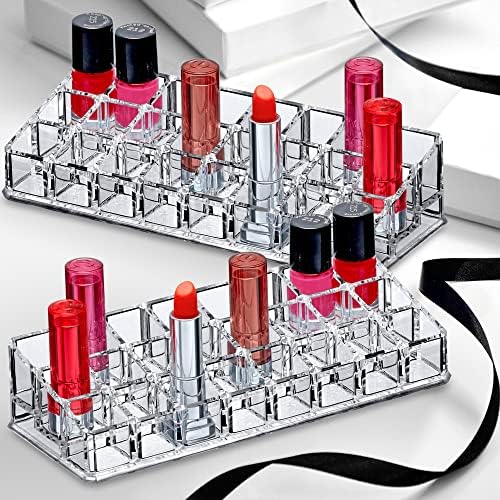 Amazing Abby - Glamour - 2-Pack 24-Slot Acrylic Lipstick Organizer, Lipstick Holder, Lip Gloss Holder, Cosmetic Storage 
