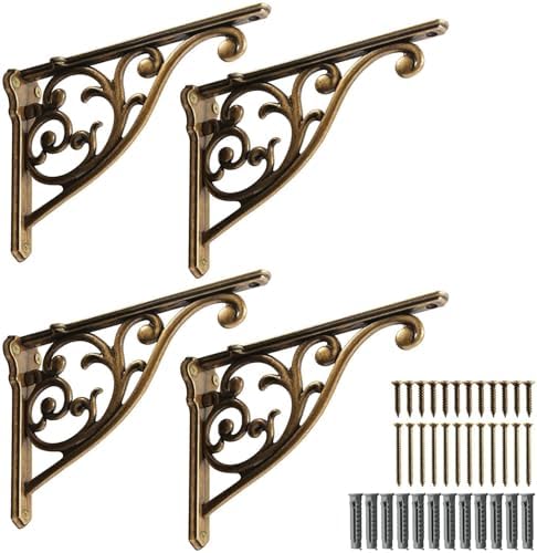 Khtumeware Ornate Decorative Shelf Brackets, 12 inch Big wall Mounted Shelving Bracket, 4 Pack Antique Brass Vintage Met