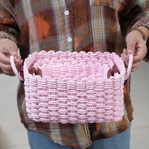 Woven Paper Rope Wicker Basket for Organizing(Set of 3,Pink)
