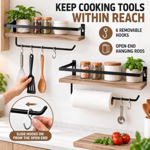 PHUNAYA Kitchen Floating Shelves, Paulownia, Carbonized Black, Set of 2