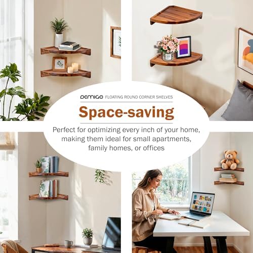 Demigo Round Floating Corner Shelves, Natural Acacia Wall Shelf, Set of 2