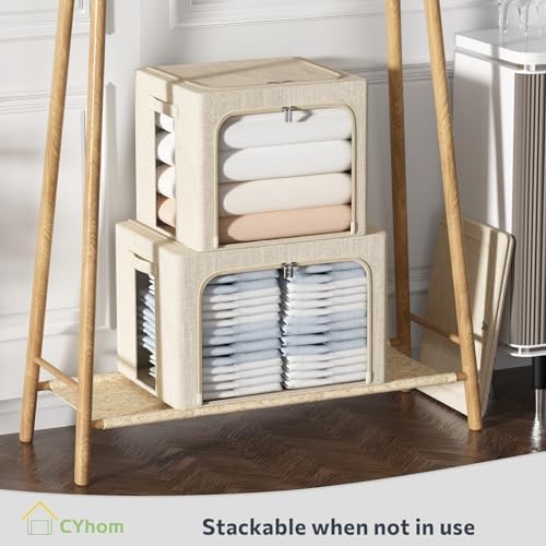 CYhom 3Pack Foldable Storage Bins - Frame Storage Box Linen Fabric Stackable Clothes Container Organizer with Clear Wind