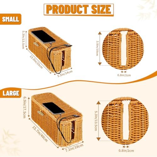 2 Pcs Handwoven Rattan Cable Management Box,Cord Organizer Box with Lid,Open-Slot Cord Hiding Basket,Decorative Storage 