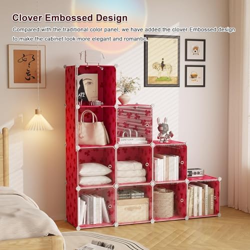 C&AHOME Clover Embossed 10-Cube Storage Organizer with Door Cube Shelf Red