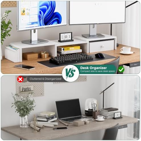 Dual Monitor Stand Riser, Adjustable Length & Swivel Angle Monitor Stand, Ergonomic Monitor Stand with Drawer & Side Poc