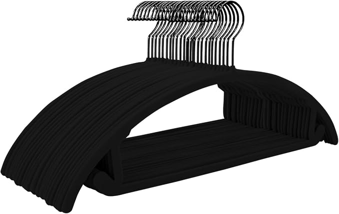 MIZGI Premium Velvet Hangers 50 Pack Heavyduty- Non Slip No Shoulder Bump Suit Hanger - Black Hooks,Space Saving Clothes Rounded Shape for Coat,Sweater,Jackets,Pants