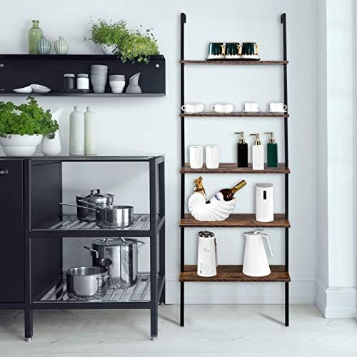 5 Tier Industrial Wall Mounted Bookshelf,Modern Ladder Bookcase Storage Organizer,Open Display Storage Rack,Plant Flower