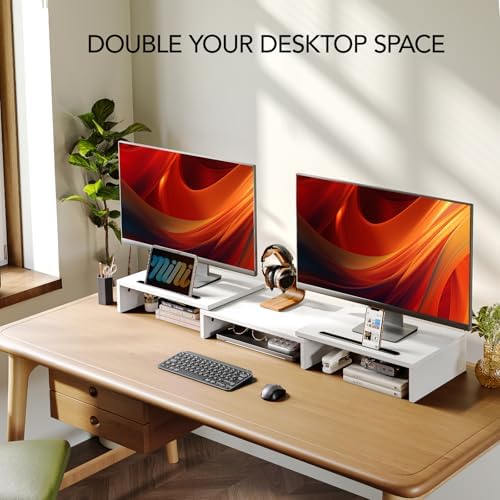 AMERIERGO Dual Monitor Stand Riser- 3 Shelf Screen Stand with Adjustable Length and Angle, 2 Extra Functional Slot Deskt