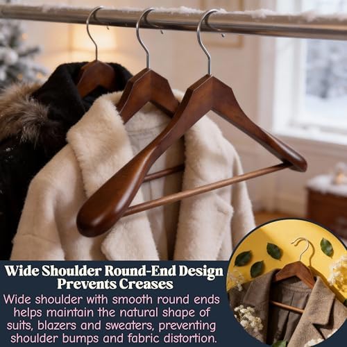 Luxury Wide Shoulder Wooden Suit Hangers with Pants Bar, Solid Wood Jacket Clothes Hangers Smooth Finish for Sweater Dress Pants Sport Coats (Dark Brown, 6 Pack)