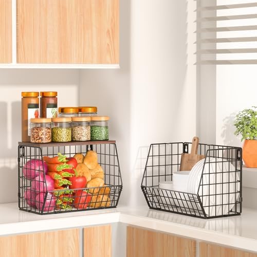 Wawocs Fruit Basket for Kitchen Counter 2 Tier Fruit Bowl, Stackable Wall Mounted Hanging Fruit Basket Wire Baskets with
