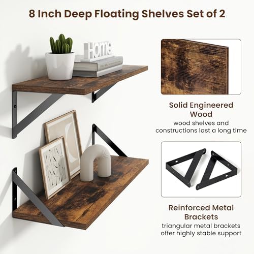 Axeman 20 Inch Floating Shelves, 8 Inch Deep Brown Wall Shelves Set of 2
