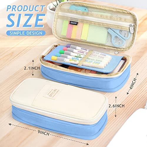 KPX Big Capacity Pencil Pen Case Bag with Zipper Office College School Storage Large Capacity Bag Pouch Holder Box Organizer Colorful (Light Blue)