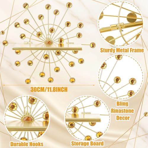 Yaocom 3 Pcs Crystal Floating Shelves, Bling Sparkle Metal Starburst Wall Decor Shelves, Gold Folding Wall Mounted Stora