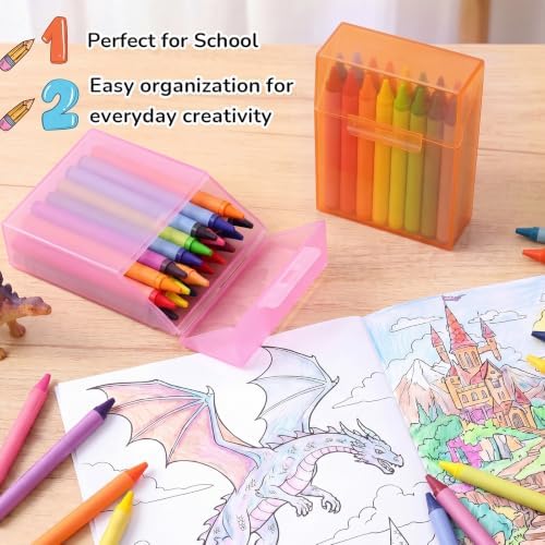 Clabby 2 Pcs Clear Plastic Crayon Boxes Hold 24 Count, Pink,Orange