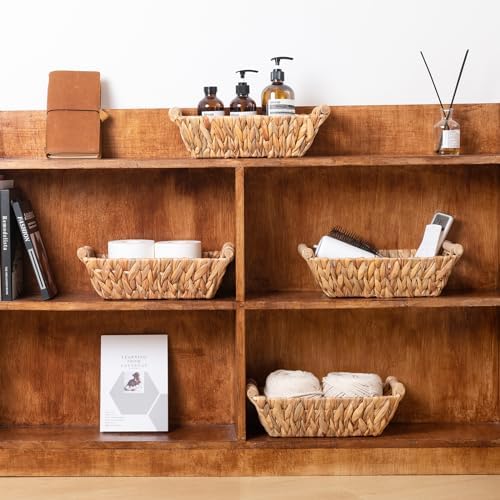 Small Wicker Baskets for Organizing, Water Hyacinth Wicker Storage Basket with Handle, Pantry Baskets for Shelves, Toile
