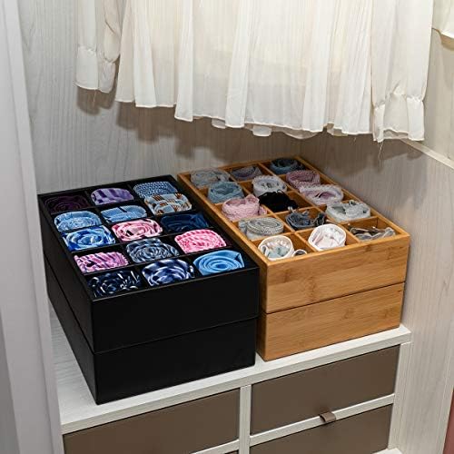 GOBAM Bamboo Closet Drawer Organizer, 15 Compartments - Drawer Divider & Storage Box for Ties, Bras, Briefs, Socks & Jew