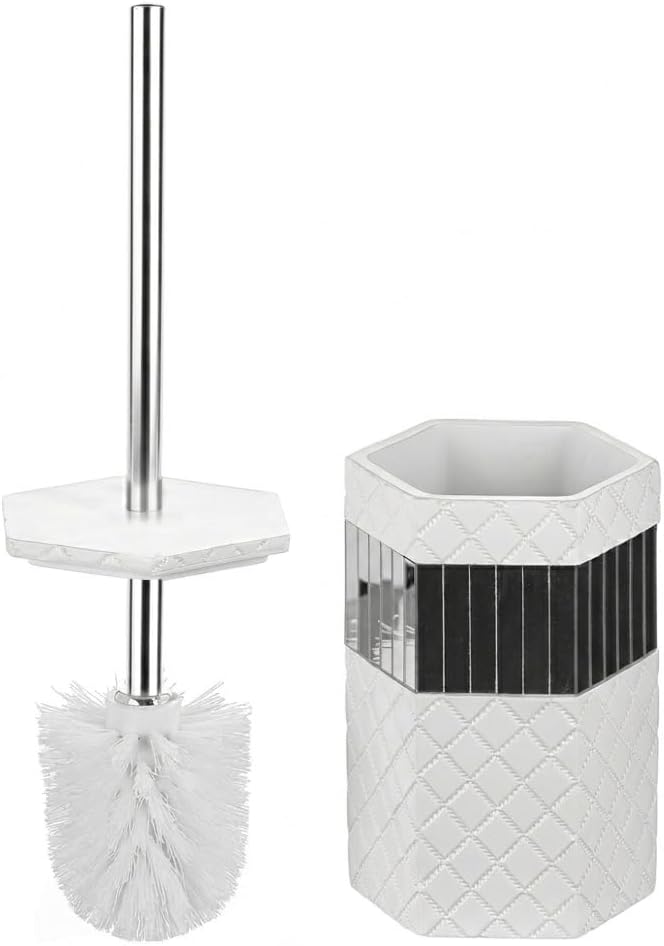 Creative Scents Quilted Mirror Bathroom Toilet Brush Set - White Toilet Bowl Brush and Holder - Good Grip Toilet Bowl Cl