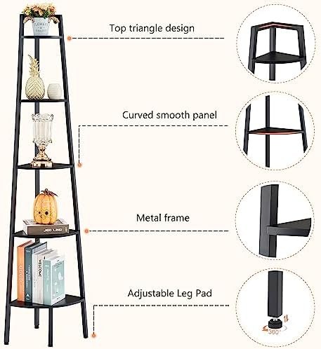 Hoctieon Corner Shelf, 5-Tier Corner Bookshelf, Rustic Ladder Shelf, Industrial Display Stand for Living Room, Kitchen, 