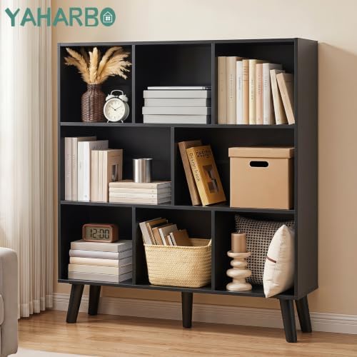 YAHARBO 8 Cube Bookshelf,3 Tier Bookcase with Legs,Black Mid-Century Modern Bookshelves,Large Free Standing Open Storage