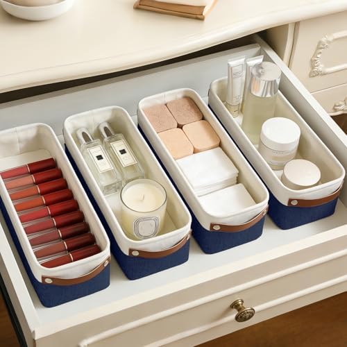 Bagnizer Small Fabric Storage Baskets, 15x6x5 inch Narrow Storage Bins 4-Pack Long Storage Basket for Organizing with Ha