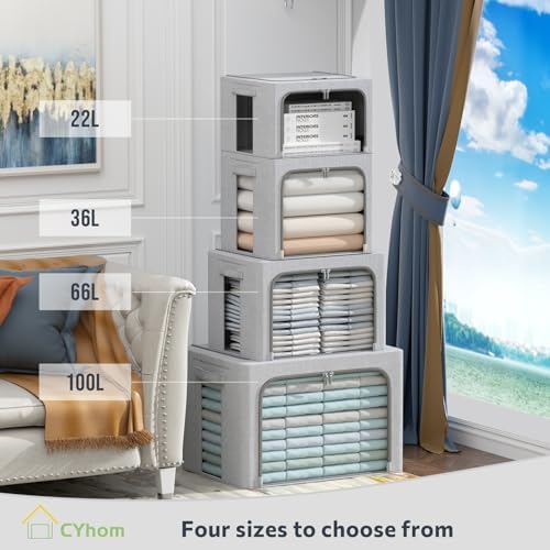 CYhom 3Pack Foldable Storage Bins - Frame Storage Box Linen Fabric Stackable Clothes Container Organizer with Clear Wind