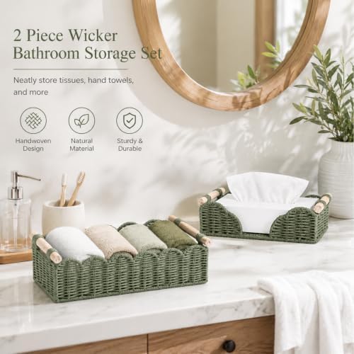 2 Pack Scalloped Paper Rope Toilet Paper Baskets with Wood Handles