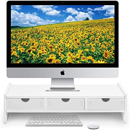 valen Monitor Stand Riser, Computer Laptop Riser Shelf with 3 Organizer Drawers (White, 19.5" L x 7.5" W x 4.7" H) (Whit