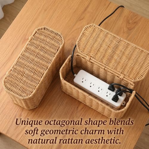 Rattan Cable Management Box, Cord Organizer to Hide Cords & Power Strip