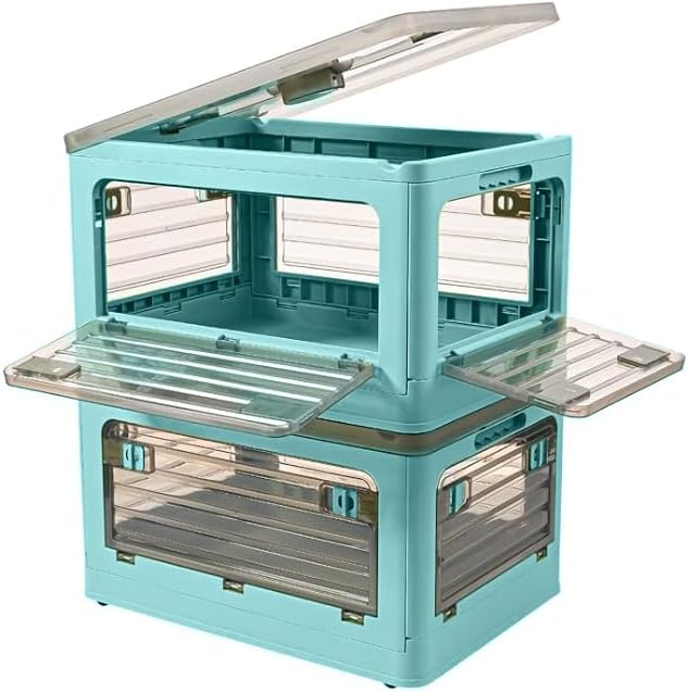 32Qt Plastic Storage Bins with Lid, Collapsible Storage Bins with Wheels, Storage Boxes with 4 Doors, Stackable Storage 