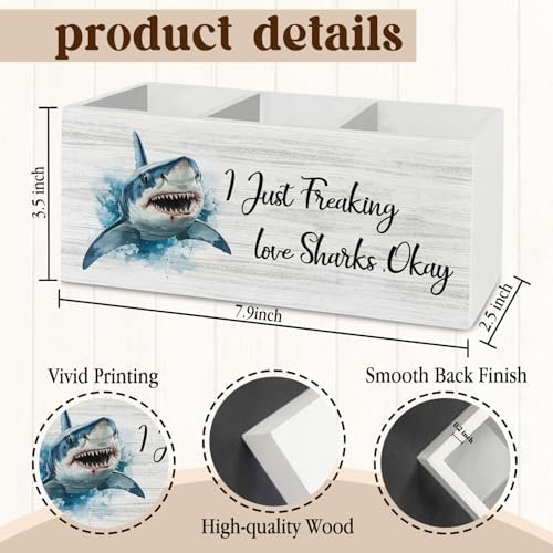 Shark Decor, Shark Bathroom Decor, Pen Pencil Holder Organizer for Desk Accessories, I Just Freaking Love Sharks Okay Wooden Box Sign Desk for Home Office Decoration