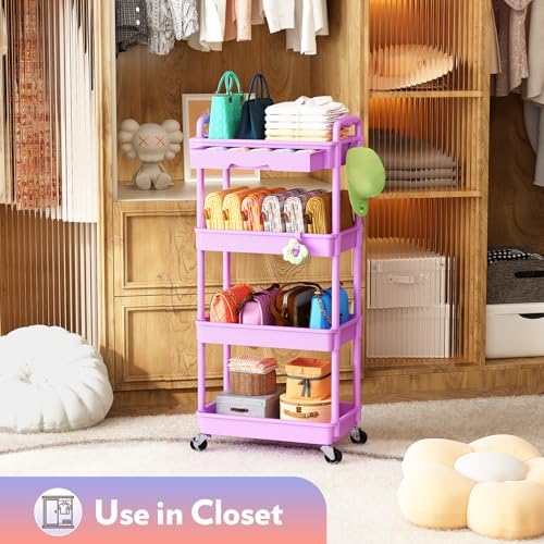 SUNALLY Makeup Cart Organizer with Drawer,4 Tier Rolling Makeup Cart,Purple