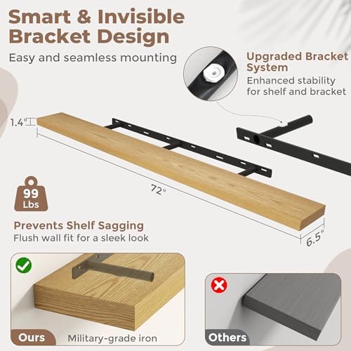 72 Inch Floating Shelves for Wall, 6.5"D Wood Storage Shelves, Oak Finish