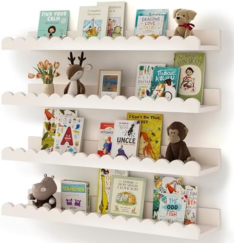 Shario Nursery Book Shelves, 4-Pack White Floating Shelves for Wall Kids, Scalloped Shelves, Wall Book Shelves for Bedro