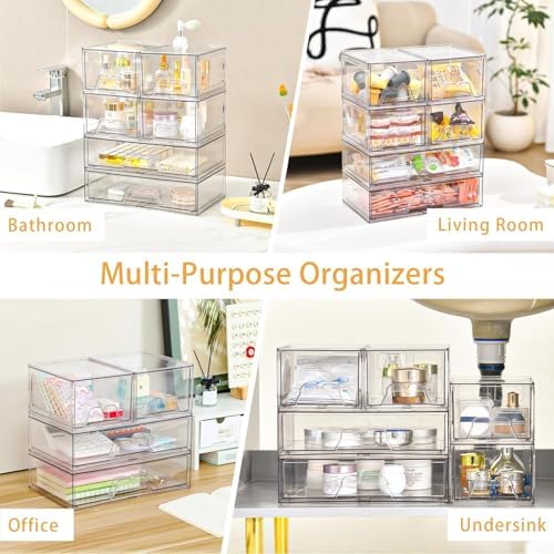 Stackable Makeup Organizer Storage Drawers Set of 6, Clear Plastic Organizer Bins for Beauty Supplies,Ideal for Vanity, 