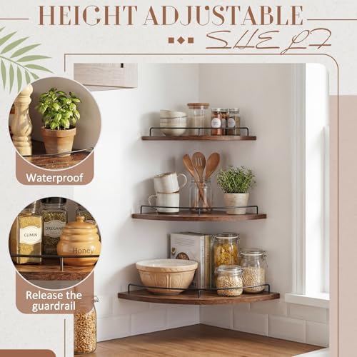 Novabright Corner Floating Shelf Set of 3 Rustic Brown Wood 9/10/12 in